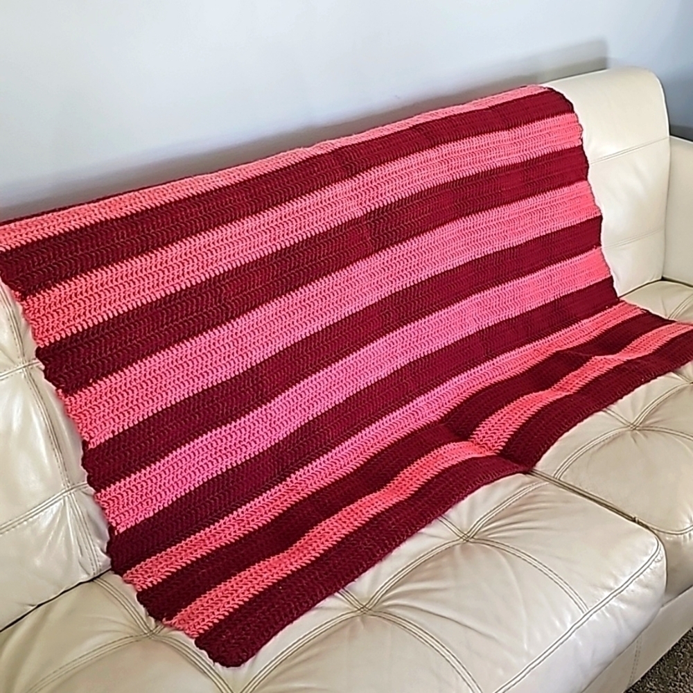 AFGAN, hand-made crochet. Beautifully done. Wine and pink color. Striped.